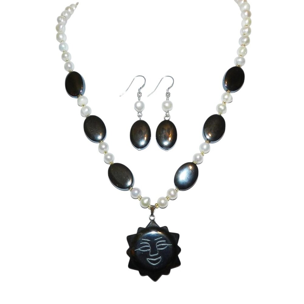 Handmade Metallic Hematite Sun & White Pearl Silver 19" Necklace Earrings GN314